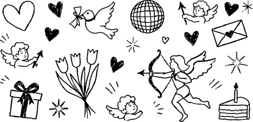Charming hand-drawn doodle set featuring romantic symbols like hearts, cupids, flowers, and celebratory elements perfect for expressing love and happiness