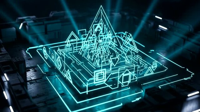 Futuristic glowing pyramid structure on a circuit board