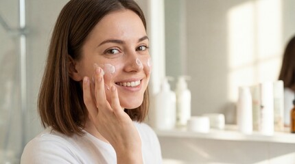 Closeup of smiling woman applying skincare bathroom portrait bright light joyful expression for self-care routine