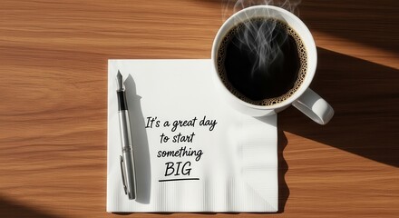 Inspirational coffee, pen, and napkin with motivational quote
