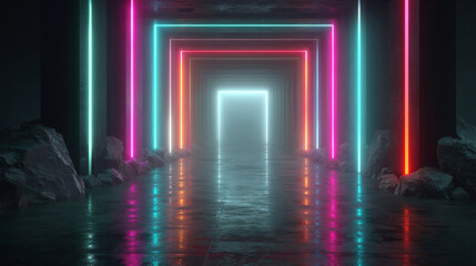 Futuristic neon tunnel with glowing lights,cyberpunk and futuristic sci-fi atmosphere.