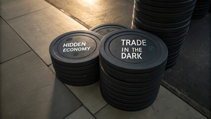 Stacked Discs with Hidden Economy and Trade in the Dark Text on Dark Background Symbolizing Unseen Markets