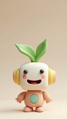 Obraz premium Cute premium clay style 3D illustration of a small friendly robot with a plant growing from its head, soft pastel colors, handcrafted clay texture, minimal background, object only, no text, commercial