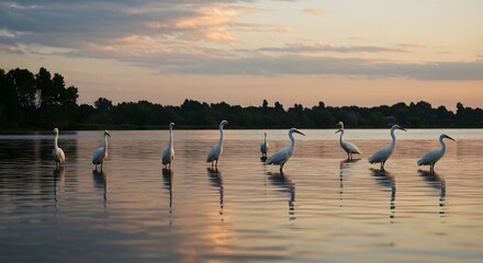 Group of White Herons Standing in Calm Water During Sunset