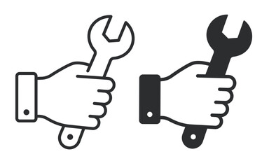 Technical support icon illustrating hand holding wrench as a symbol of maintenance, repair assistance and service help. Line and solid vector icon.