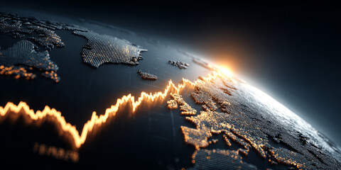 Stylized dotted world map overlaid with stock market data, charts, and gridlines
