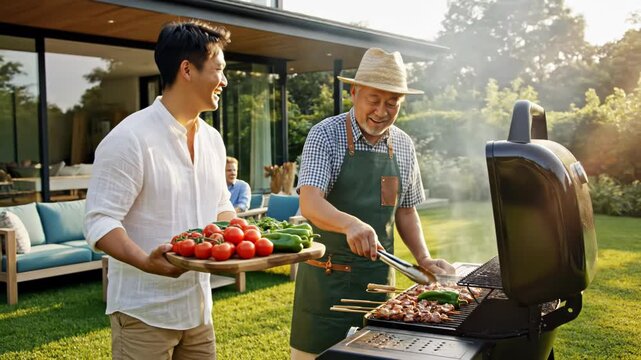 Two asian men of different generations enjoying a sunny backyard barbecue, grilling meat and preparing fresh vegetable skewers for a family meal