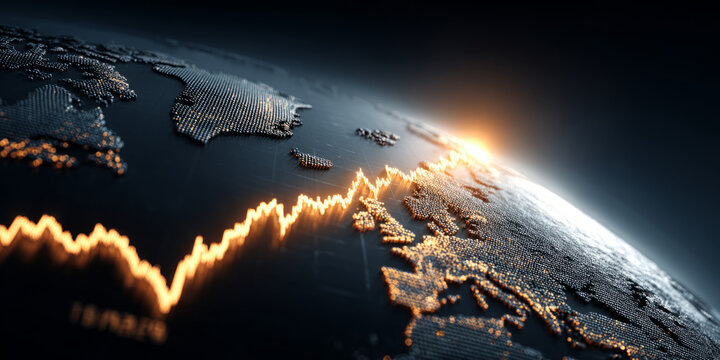 Stylized dotted world map overlaid with stock market data, charts, and gridlines - Powered by Adobe