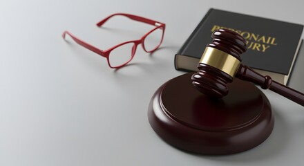 Legal Gavel with Personal Injury Law Book and Red Eyeglasses on White Surface