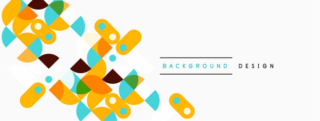 Abstract geometric shapes overlap, creating vibrant background. Colors include orange, teal, brown, green. Minimalist design elements present.