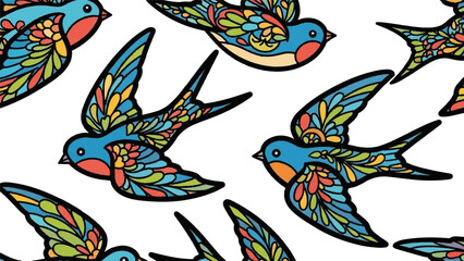 Seamless pattern of colorful, stylized birds with mosaic-like wings on a clean white background