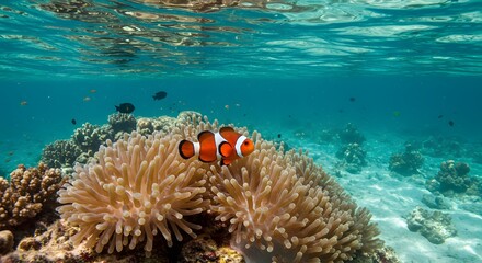 Clownfish Swimming Near Coral Reef Underwater Scene