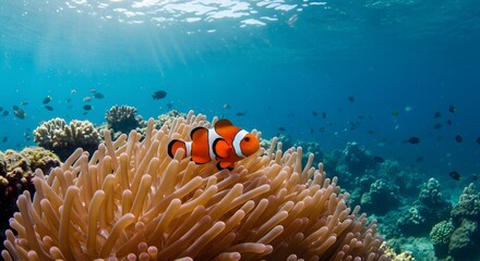 Clownfish Swimming Near Coral Reef Underwater Scene with Marine Life
