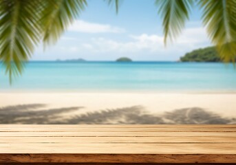 Fototapeta premium Tropical Beach Escape: Wooden Table, Ocean View