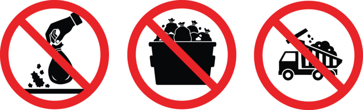Set of prohibiting improper waste disposal, littering, and illegal dumping in public areas.