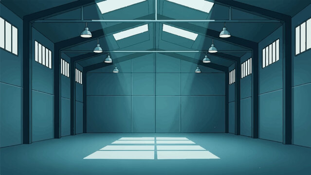 Spacious empty warehouse interior with high ceilings, windows, hanging lights, and light on the floor