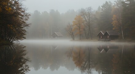 Misty Lake with Autumn Trees and Small Wooden Cabins in Quiet Forest Setting