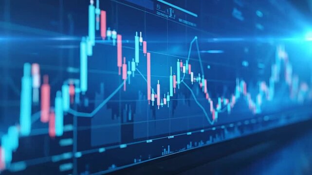 Abstract financial chart with uptrend and downtrend line graphs in blue color scheme.