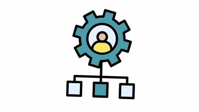 Human Resource Management & Organization Icon with Gear, Person, and Process Flow for System Administration