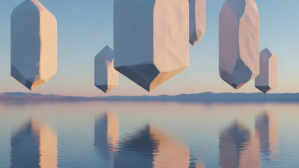 Abstract Floating Monoliths over Water Surface