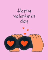Сute Valentine&rsquo;s Day greeting card with doodle hands holding binoculars searching for love. Hand drawn crayon poster. Cartoon isolated vector illustration