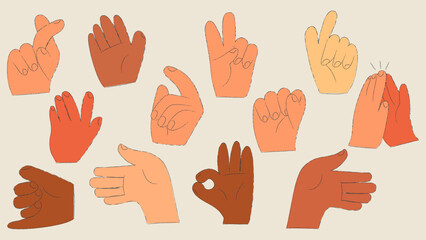 Hand drawn crayon hands set. Finger heart, hello and okay shaped gesture hands. Cartoon isolated vector illustration