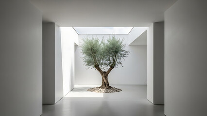 Modern Minimalist Hallway Interior with Indoor Olive Tree