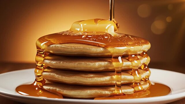 Maple syrup background with slow-pouring syrup over pancakes and warm breakfast ambiance