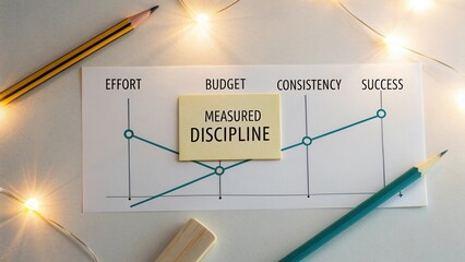Measured Discipline with Budget, Effort, Consistency and Success Indicators on Paper with Stationery and Lights