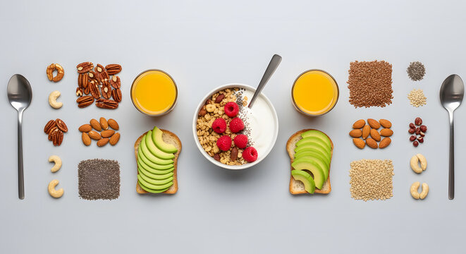 Healthy breakfast ingredients flat lay with granola, avocado toa