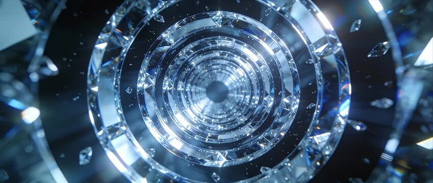Futuristic circle crystal loop vdo abstract background silver ring geometry tunnel water drop shine reflection motion blur sparkle glass mirror depth fantasy energy illusion magic
