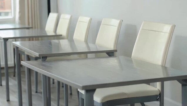 Clean cinematic 4K interior scene showing neat row of gray tables with white chairs stacked upside down on top suggesting closed caf&eacute; organized space minimalism quiet architectural 