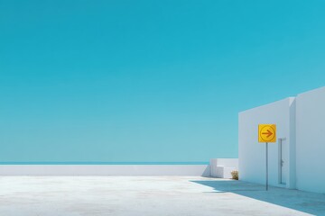 Fototapeta premium Minimalist White Building with a Bright Yellow Directional Sign Against Clear Blue Sky in a Serene Outdoor Scene