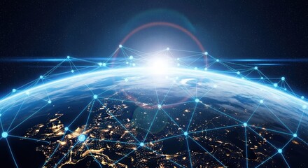 Global network connections overlaying planet Earth