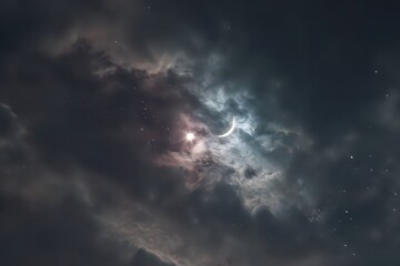 Partial Solar Eclipse Through Dark Overcast Clouds with Glimmering Light a Celestial Event in the Atmospheric Sky Revealing the Dynamic Nature of Sunlight and Shadow