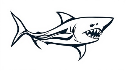 Cartoon vector illustration of a swimming shark silhouette and marine wildlife icons including tuna and dolphin in the blue ocean water