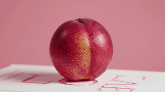 A solitary red apple resting on a white platform against a soft pink backdrop in studio lighting