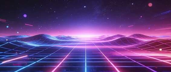 Neon grid landscape loop vdo cyber wave fantasy sky digital terrain glowing line colorful horizon futuristic art vibrant background retro wave grid landscape neon loop vdo sci fi horizon glowing - Powered by Adobe