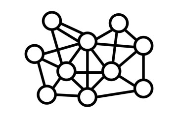The image is a minimalist black and white illustration of a decentralized network. It consists of several circles (nodes) of varying sizes connected by solid black lines (links)