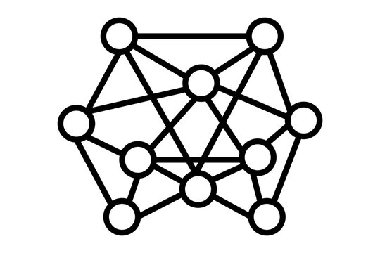 The image shows a minimalist black-and-white illustration of interconnected nodes linked by straight lines, forming a complex network structure.