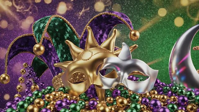 Mardi Gras festive with glowing parade beads, jester hat and metallic masks reflecting neon lights