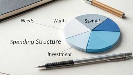 Visual Representation of Spending Structure with Pie Chart Segments for Needs, Wants, Savings, and Investment