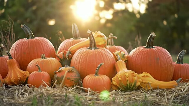 A sunlit autumn pumpkin patch with a variety of pumpkins and gourds on the field