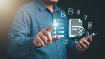 a man in a denim shirt interacts with a glowing digital interface displaying documents and checkmarks representing data management and workflow efficiency