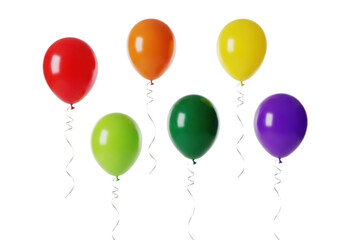 Six colorful helium balloons (red, orange, yellow, lime green, dark green, purple) with white ribbons, floating against a transparent studio background, copy space. Birthday celebration atmosphere