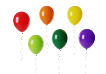 Six colorful helium balloons (red, orange, yellow, lime green, dark green, purple) with white ribbons, floating against a transparent studio background, copy space. Birthday celebration atmosphere