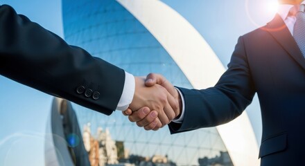 Business handshake over modern architecture background