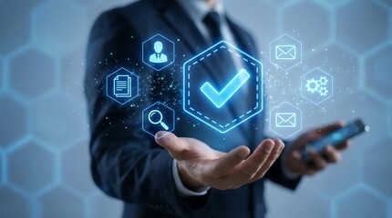 A businessman is visually demonstrating digital security concepts and future technology with glowing icons in the palm of his hand focusing on data