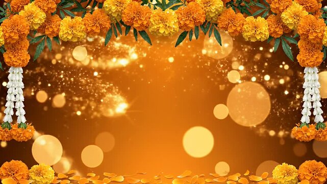 Marigold festive background with realistic garlands, soft bokeh sparkles and warm celebratory ambiance