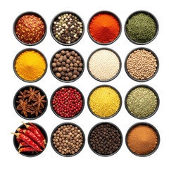 Fifteen dark ceramic bowls, each filled with distinct vibrant spices (chili, turmeric, dill, star anise), neatly arranged on a bright white studio background, flat lay, shadowless lighting. Precision